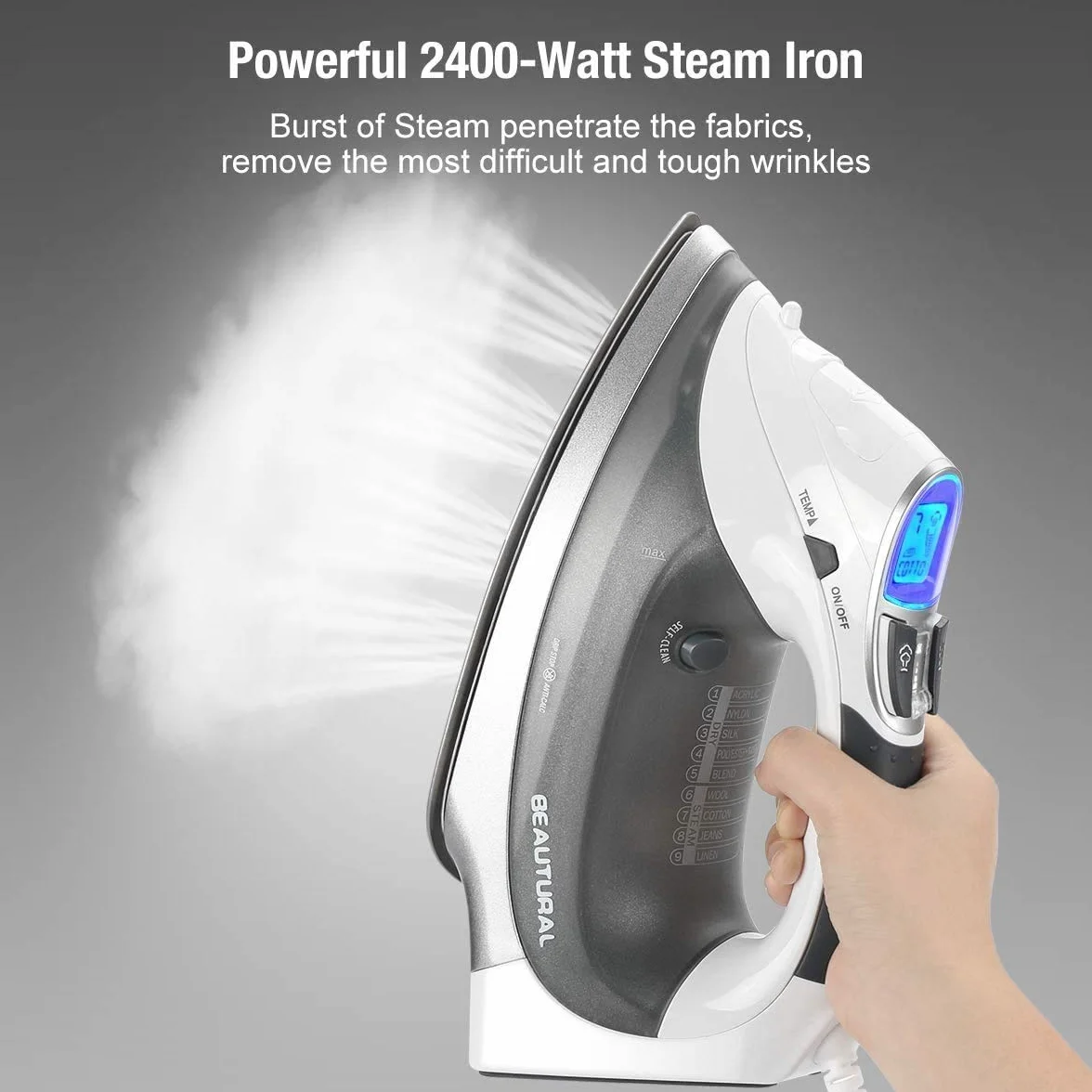 Dampfbügeleisen 2400 Watt，BEAUTURAL Keramik-Bügelsohle Bügeleisen 340ML Tank 9 Dampfeinstellungen mit LCD Anzeige 2,4M Kabellänge Abschaltautomatik Selbstreinigung