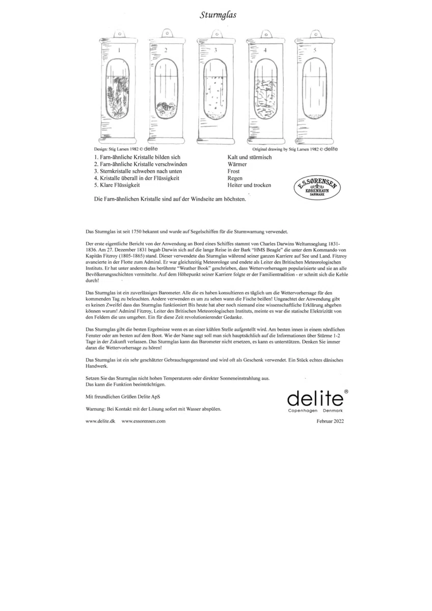 Sturmglas Barometer SET, E.S. Soerensen, Edelstahl poliert, mit Sturmglas, Wandhalterung, Holzbox