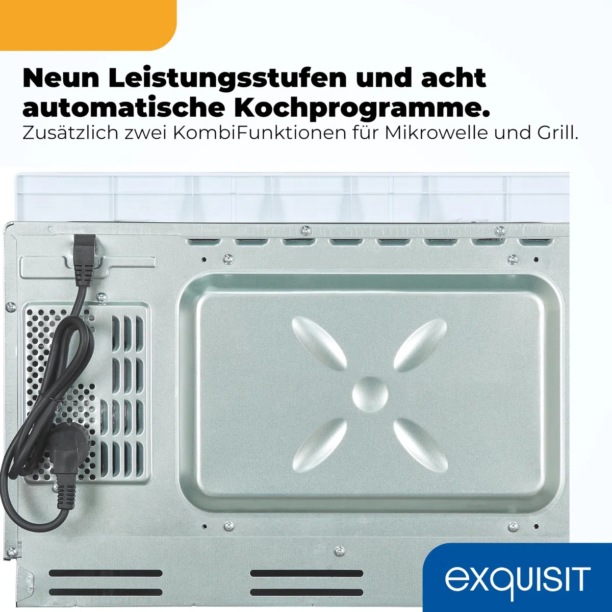 Exquisit Einbaumikrowelle mit Grill, 25 l, 900 W, weiß | Kombination aus Mikrowelle und 1200-W-Grill – 8 Automatikprogramme, Kindersicherung, 9 Leistungsstufen
