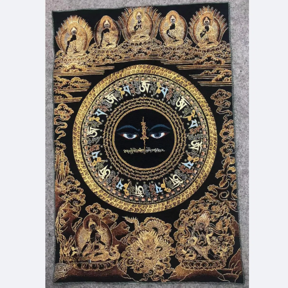 FENNYYAR Tibetische Wandmalerei mit sechs Charakteren, Mantra, Thangka-Stickerei, Brokat, Tibet, 90 cm, Eingangshalle, tibetische Wandmalerei