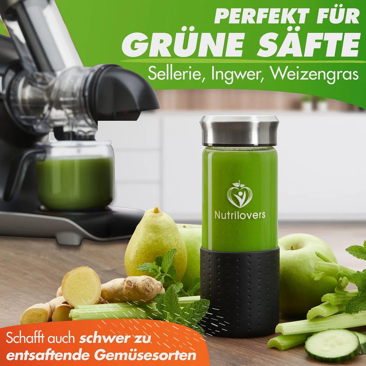 Nutrilovers Slow Juicer GREEN-PRESS EDELSTAHL Schnecke DEUTSCHE MARKE Ganze Früchte entsaften Sellerie Gemüse und Obst Entsafter Testsieger Allrounder Saftpresse elektrisch
