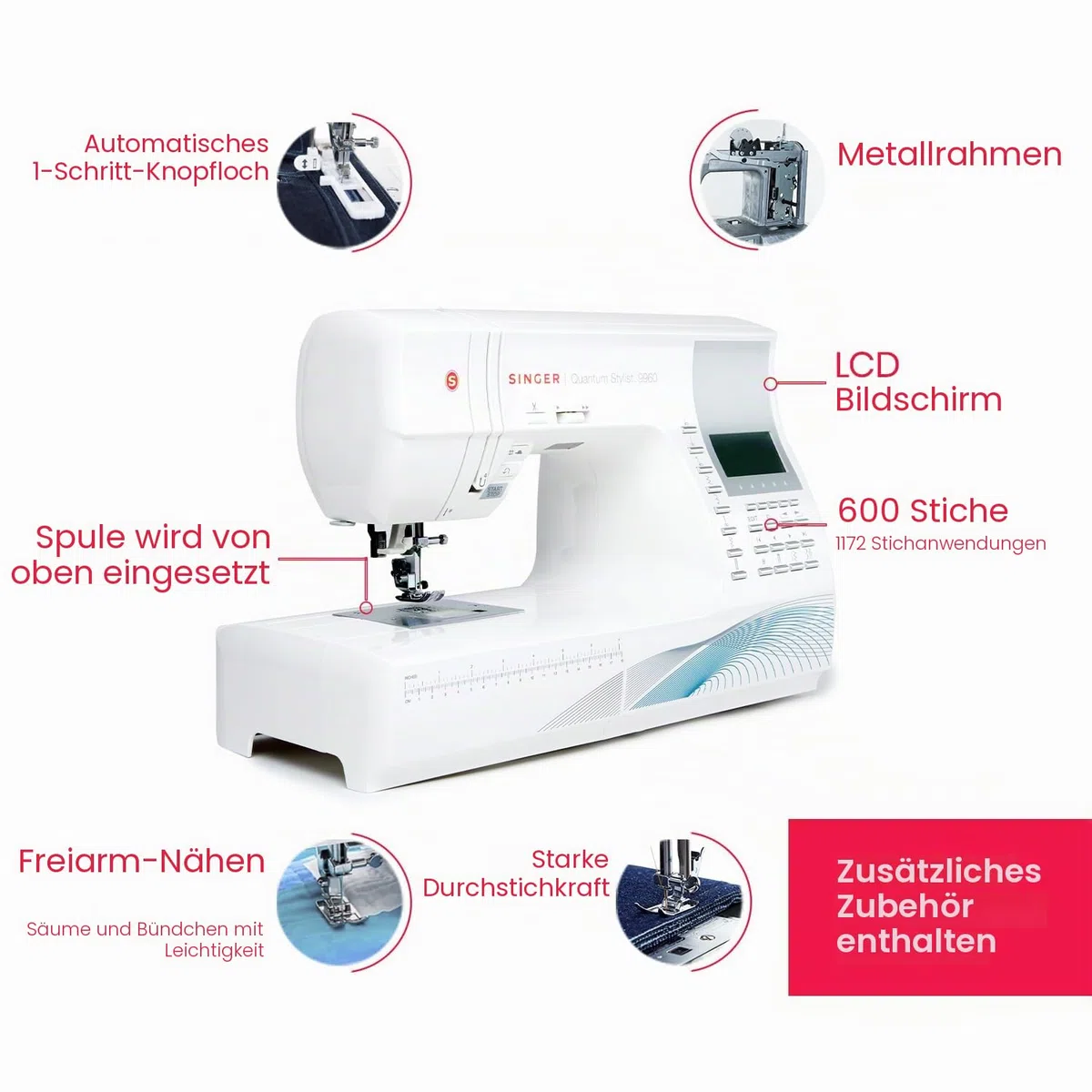 SINGER 9960 N?h- und Quiltmaschine mit Zubeh?r-Set, Anschiebetisch, 600 Stiche, elektronischer Auto-Pilotmodus