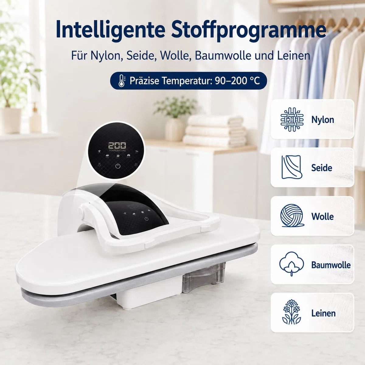 Weiß Intelligente Dampfpresse Professionelle BüGelmaschine Professionelle Dampfbügelpresse Mit Touchscreen Ai-Stimme 5 Stofffunktionen und Temperatureinstellung 2200W 1L Wassertanks
