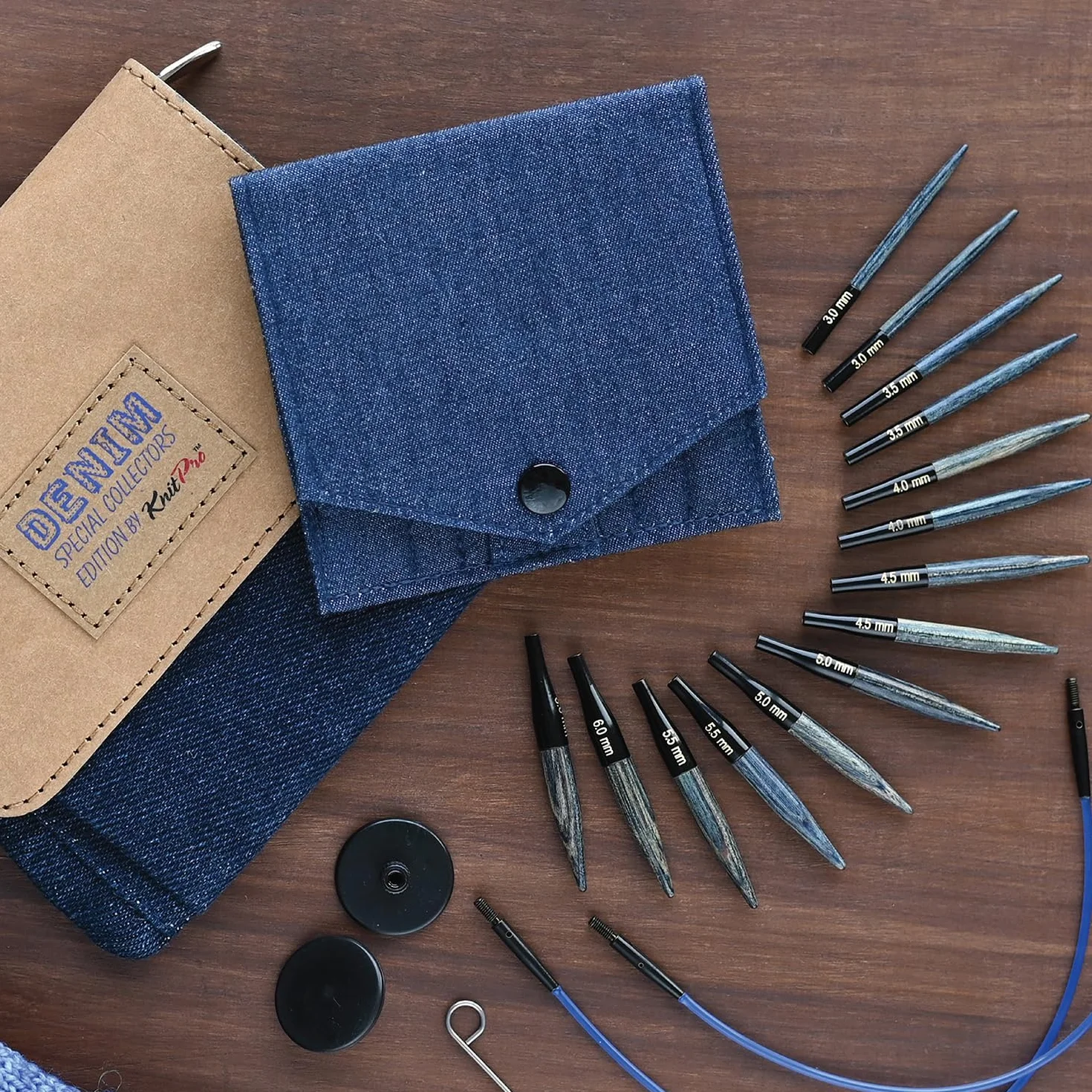 KnitPro Set austauschbare Rundstricknadeln Indigo Wood Short, 3,00 mm - 6,00 mm