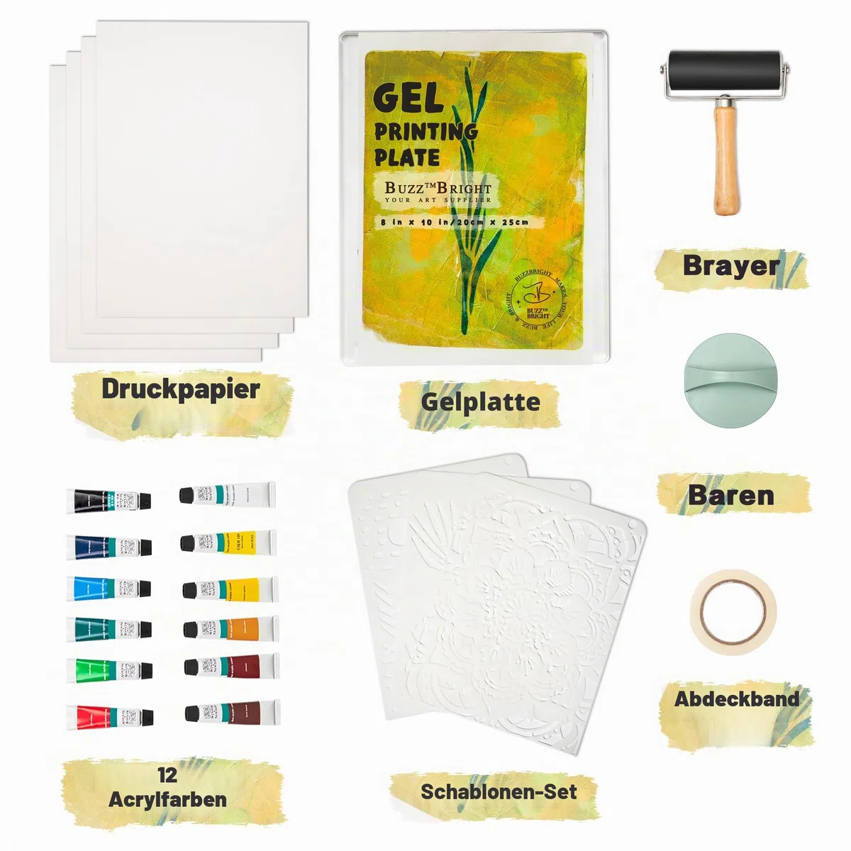 Gelteller-Druck-Starter-Set, wiederverwendbar, 20,3 x 25,4 cm, enthält Brayer, Druckpapier, Farben und wichtige Werkzeuge für Monotyp-Druckherstellung, Kartenherstellung, Scrapbooking