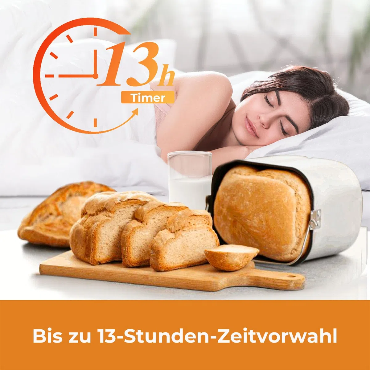 Kitchen in the box Brotbackautomat mit 12-in-1 Programmen, 2 Brotgrößen, 900g, Brotbackmaschine mit 13h Timer, Zutatenspender & Antihaft-Backform, Weiß