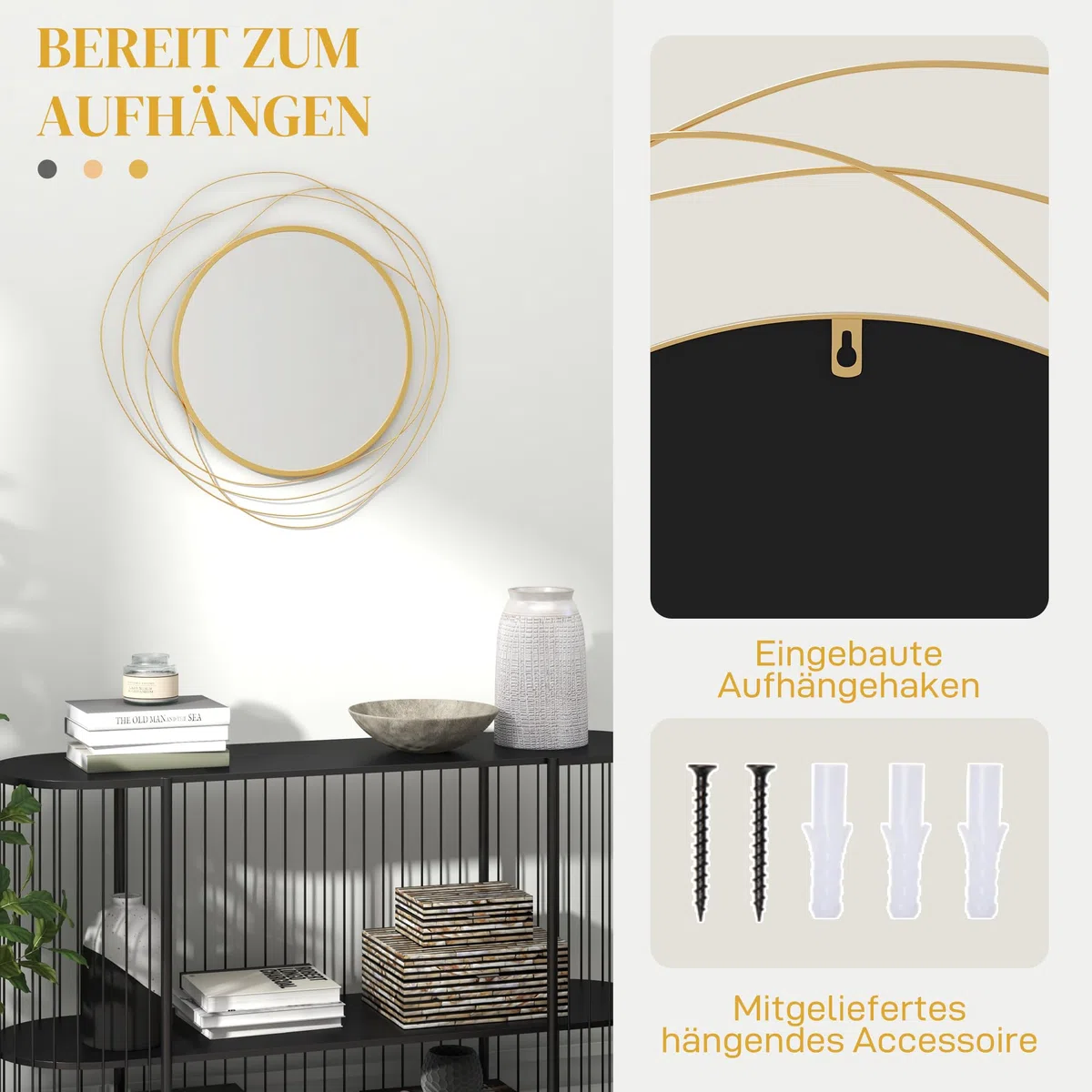 HOMCOM Wandspiegel, Ø65 cm Wandschmuck mit Spiegel, Metallrahmen, Flurspiegel, Wandkunstwerk für Wohnzimmer, Schlafzimmer, Gold