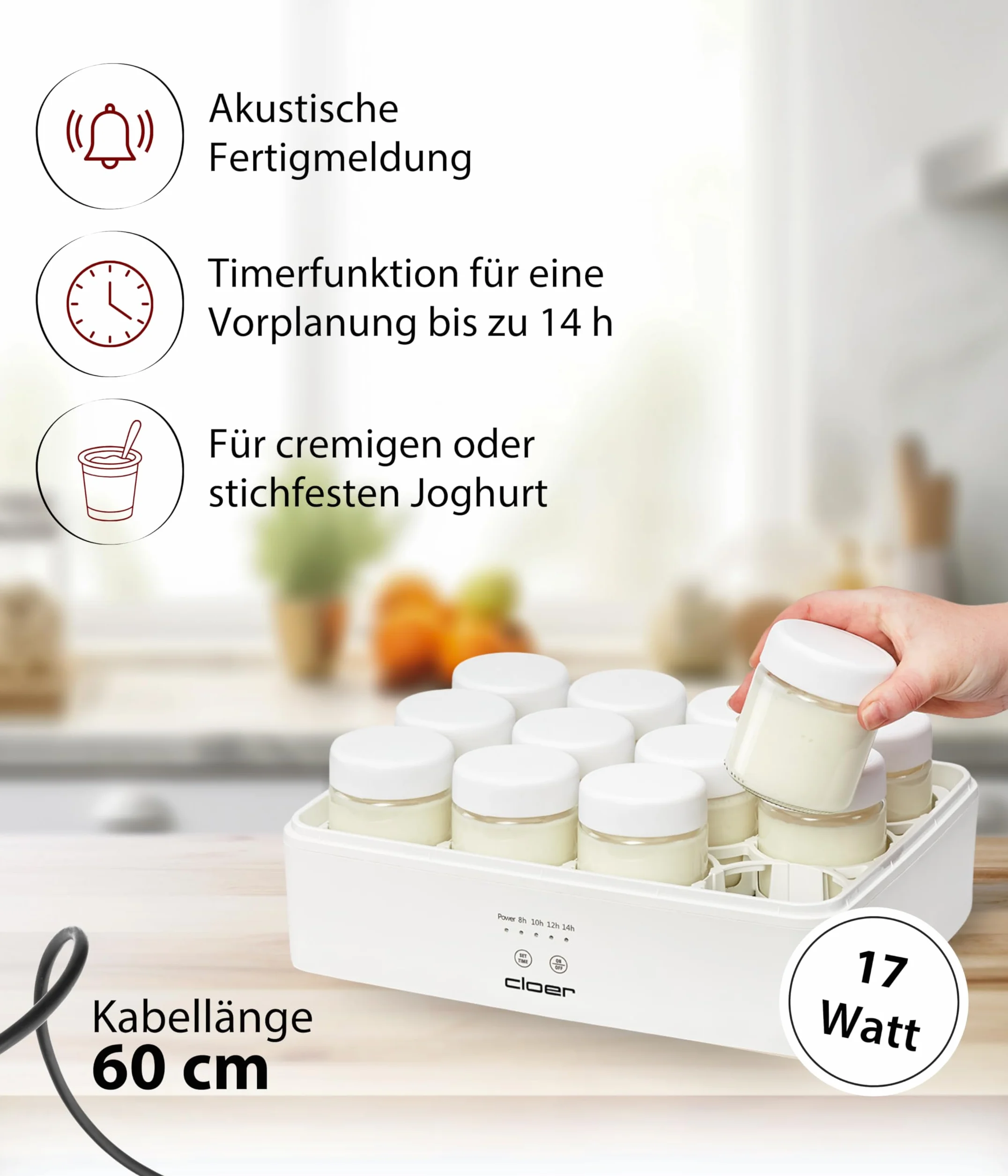 Cloer 9921 Joghurtbereiter für 12 Gläser à 150 ml, Joghurtmaschine für selbstgemachten Joghurt, Timer 8-14 h, LED-Anzeige, Signalton, Kunststoffgehäuse mit transparentem Deckel, Weiß, 17 W