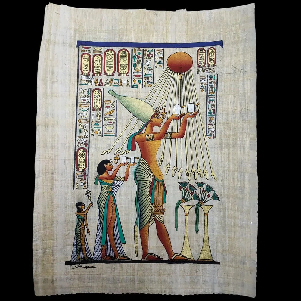 Genérico Ägyptischer Papyrus Original, hergestellt und handbemalt in Ägypten, Papyrus von Akenaton Amenofis IV, mit Nofretetti, Maße: ca. 33 x 43 cm