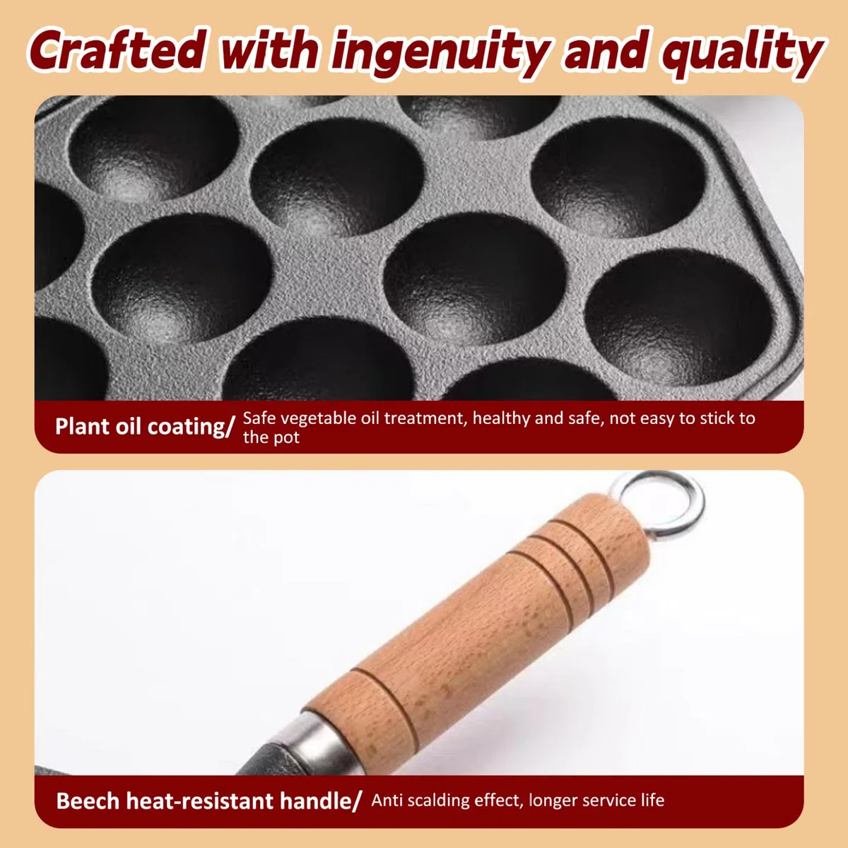 1 Set Takoyaki Pan mit hängendes Griff, 14 Löcher Non -Stick -Hersteller mit Gabel & Ölbürste, für Pofertjes Pfannkuchenbälle