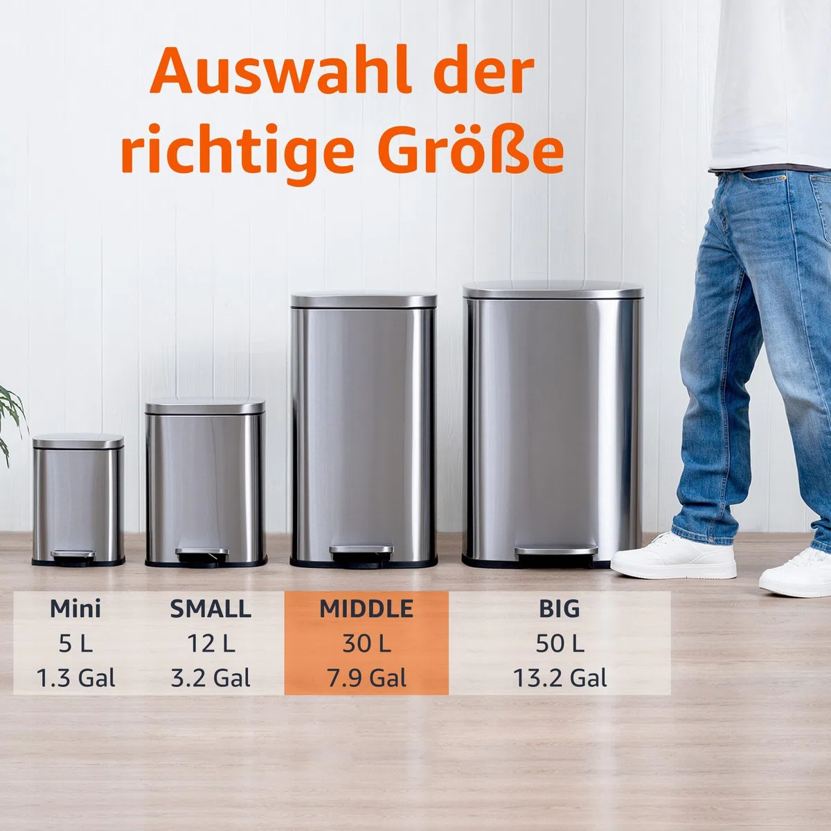 Amazon Basics 30 l Rechteckig Mülleimer für die Küche mit Stahlrohrpedal - 7.9 gallons Sanft Schließend mit Deckel, für Küche, Bad oder Büro, Satiniertes Nickel