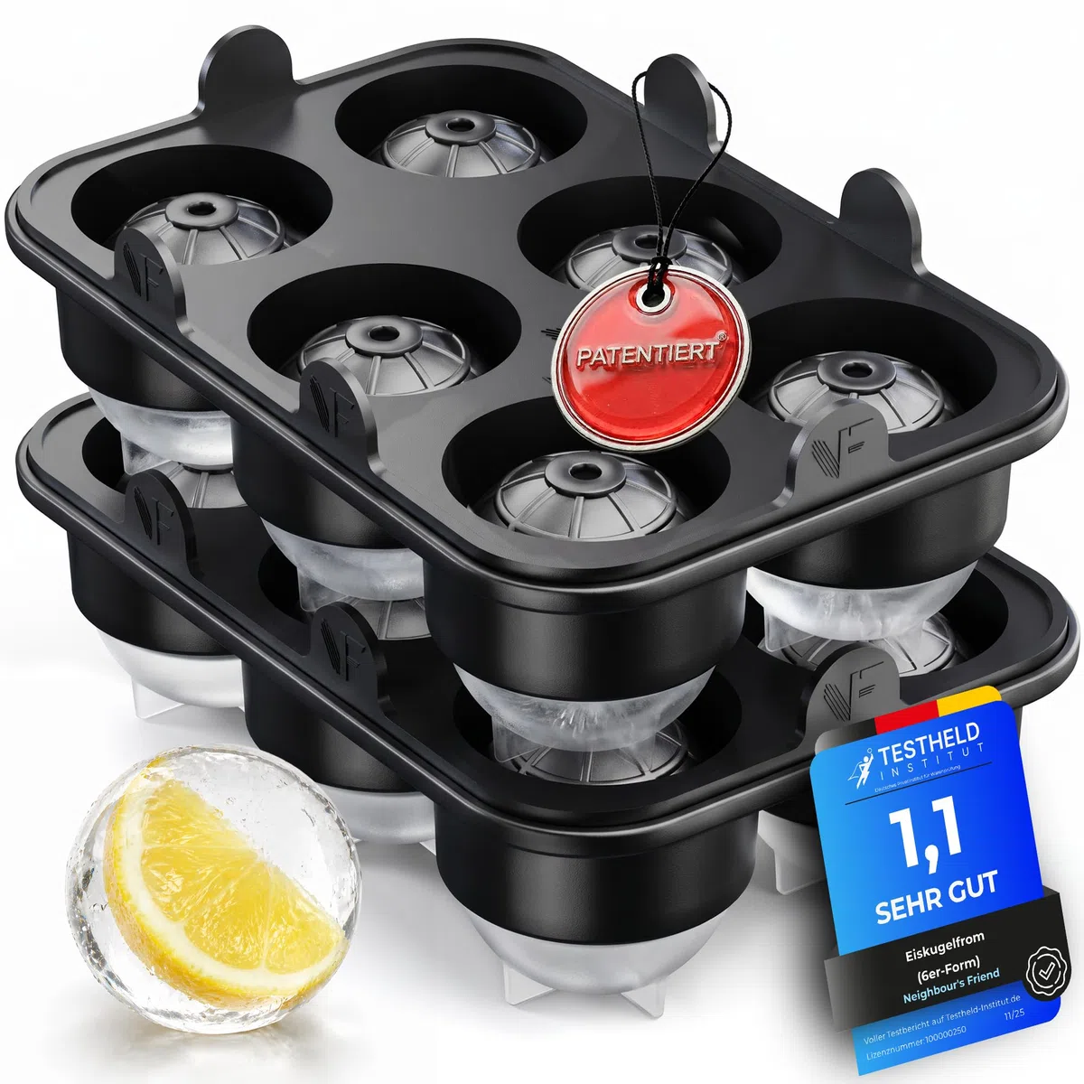 Neighbour's Friend Patentierte Eiskugelform 2er Pack Platinum - Große Eiswürfelform rund Platinsilikon für Cocktails, Gin & Getränke - 12x Eiswürfel rund spülmaschinengeeignet - XXL Eiswürfel