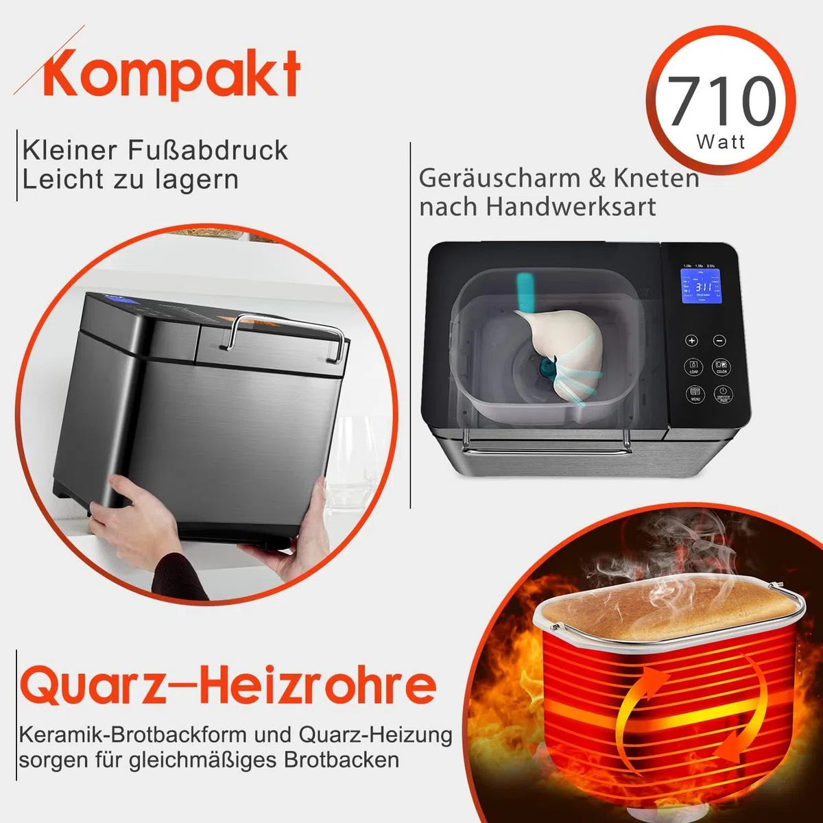 2LB Brotbackautomat, 17-in-1 Quarz Schnellheizer Brotbackautomaten Edelstahl with 2 Paddles, Auto Nut Dispenser, Brotbackmaschine with Keramik-Pfannen, Glutenfrei, 3 Brotgrößen & 3 Backfarben