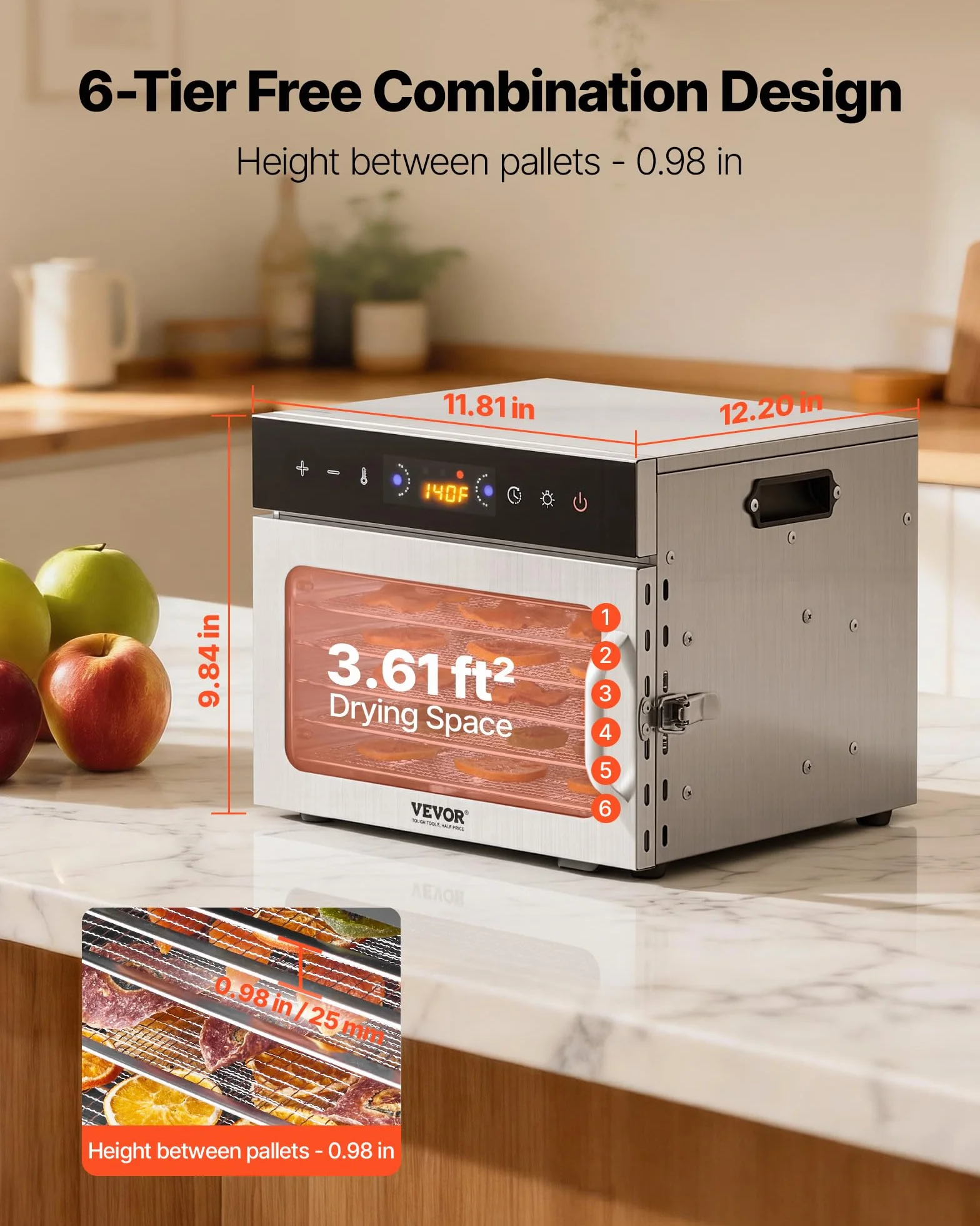VEVOR Dörrgerät Dörrautomat 6 Edelstahlschalen, elektrischer 400 W Futtertrockner mit einstellbarer Temperatur, Gefriertrockner für Trockenfleisch Fleisch Obst Gemüse Kräuter Hundeleckerlis