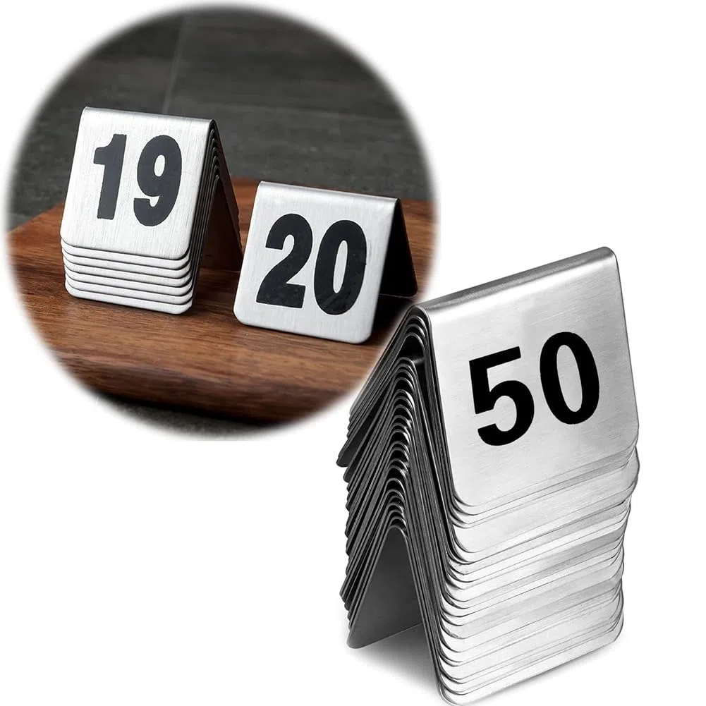 Edelstahl Tischnummern 1-50, Doppelseitige Tischschilder Hochzeit Sitzplan Tischkarten Nummer, Stapelbare Tischnummernkarten Schild für Empfänge, Bankette, Cafés, Restaurants, Hotel