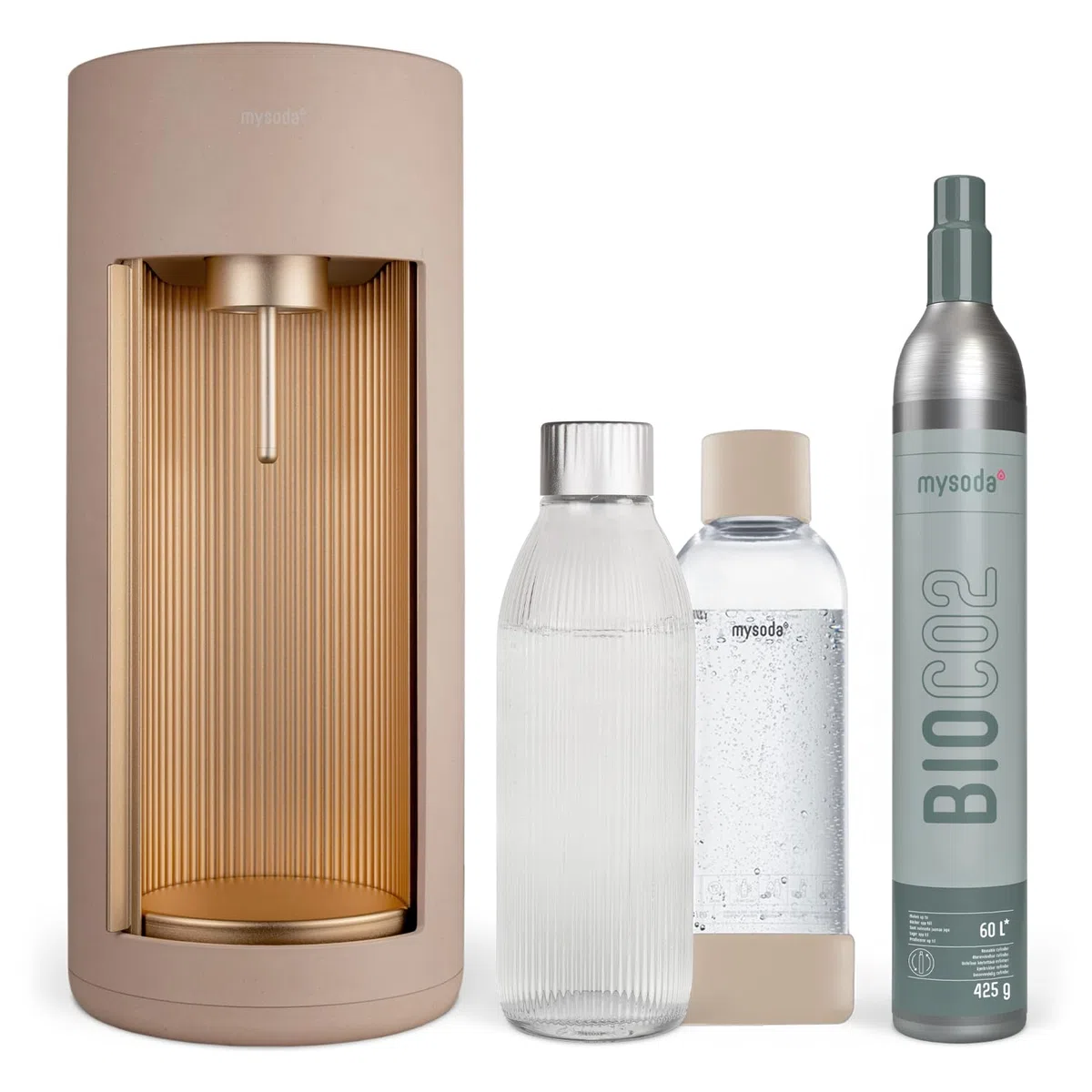 Mysoda: Glassy Wassersprudler aus Holzkomposit mit CO2-Zylinder und 1L Glasflasche & BPA-Frei 1L Plastikflasche - Latte