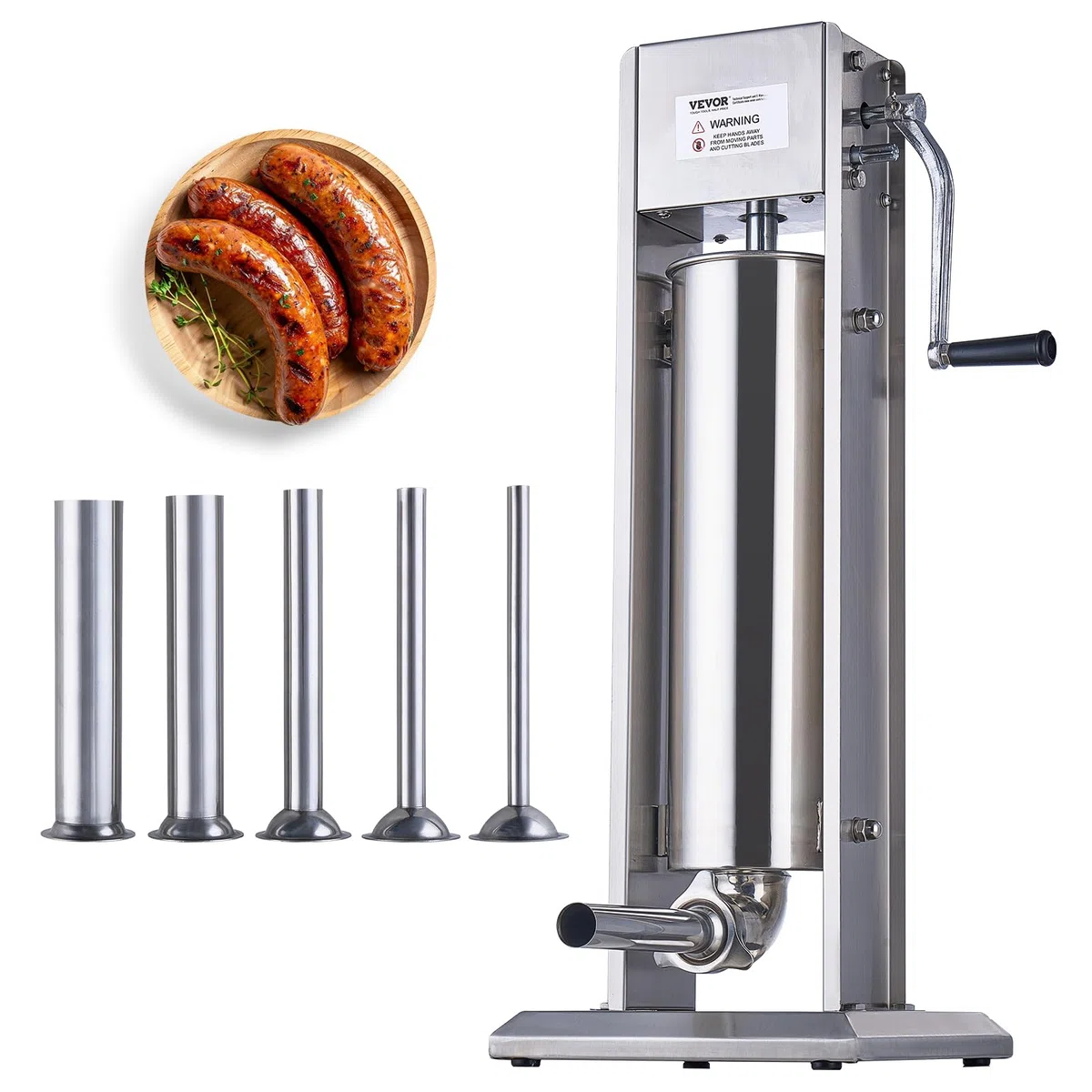 VEVOR Manueller Wurstfüller, 7 l / 15 Pfund vertikale Wurstmaschine, Fleischfüller mit zwei Geschwindigkeiten, aus lebensmittelechtem 304 Edelstahl, inkl. 5 Füllrohren, für Zuhause, Küche, Restaurant