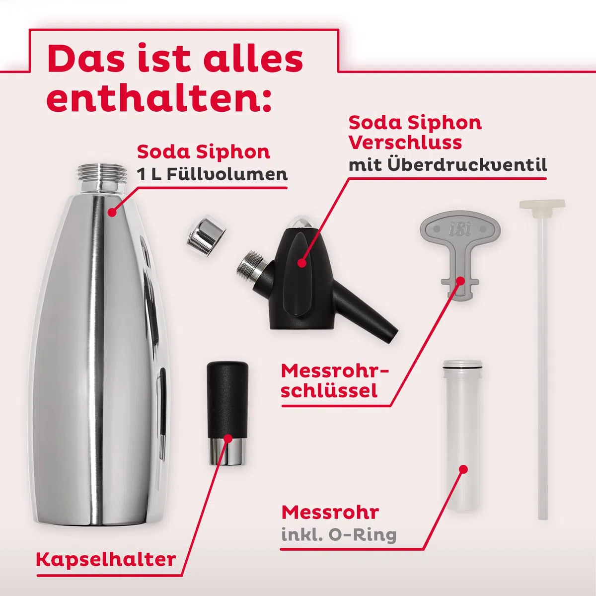 ISI Soda Siphon 1L inkl. 6 x 10 CO2 Kapseln für Soda & Sprudel - Edelstahl Wassersprudler Set + CO2 Kartuschen - Wasser Sprudler - Bar Zubehör