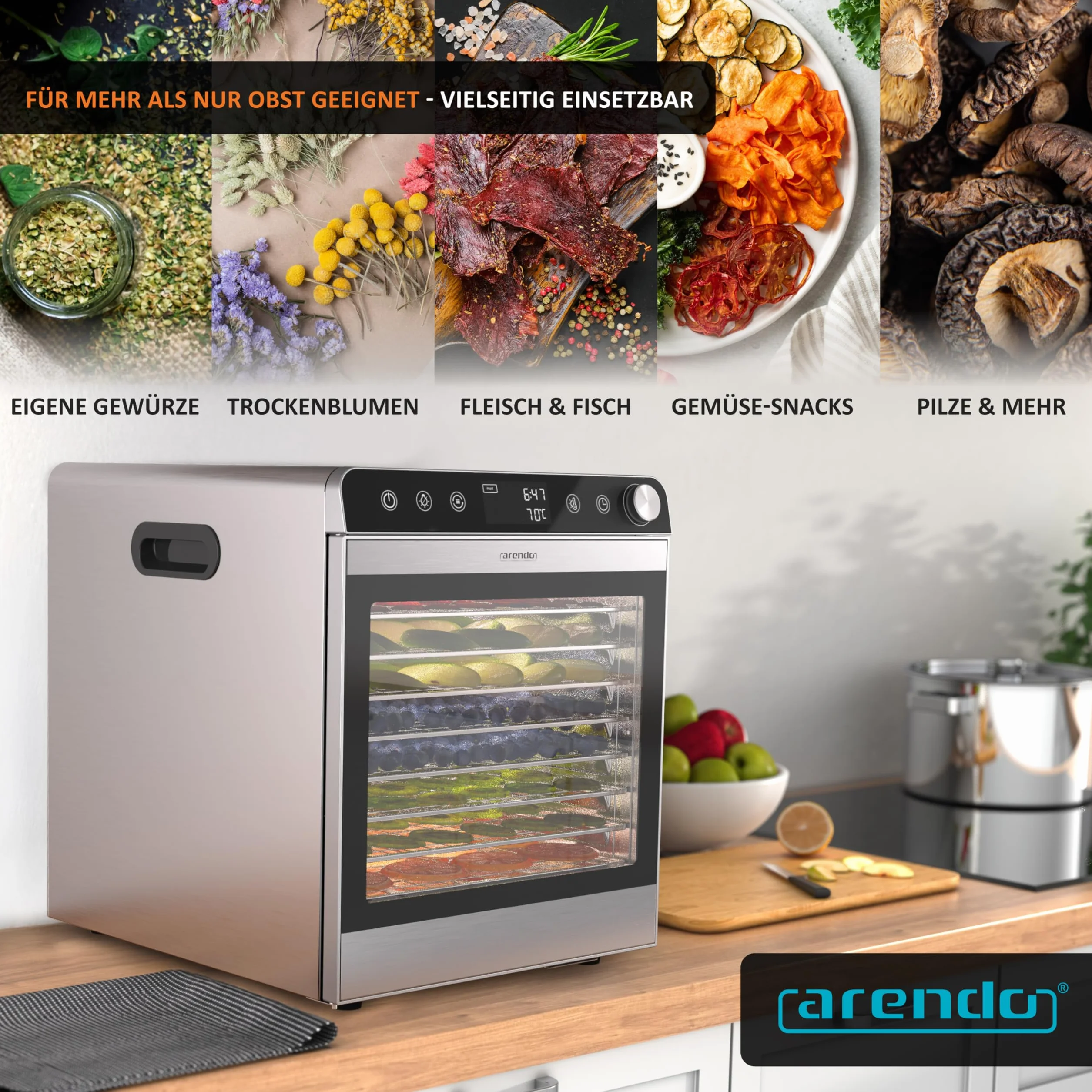 Arendo - Dörrautomat Edelstahl mit 10 Edelstahlgitter - 8400 cm² - Dörrgerät Dehydrator Obsttrockner Dörrapparat - Obst Fleisch Pilze uvm