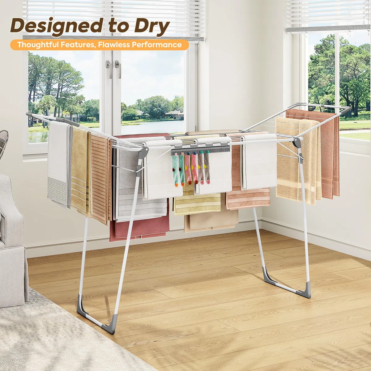 KINGBOARD Wäscheständer klappbar groß, Flügelwäscheständer ausziehbar 174x97x156 cm, Stabiler Wäschetrockner Ständer mit rutschfesten Füßen, Standtrockner faltbar für Innen und Außen, Weiß