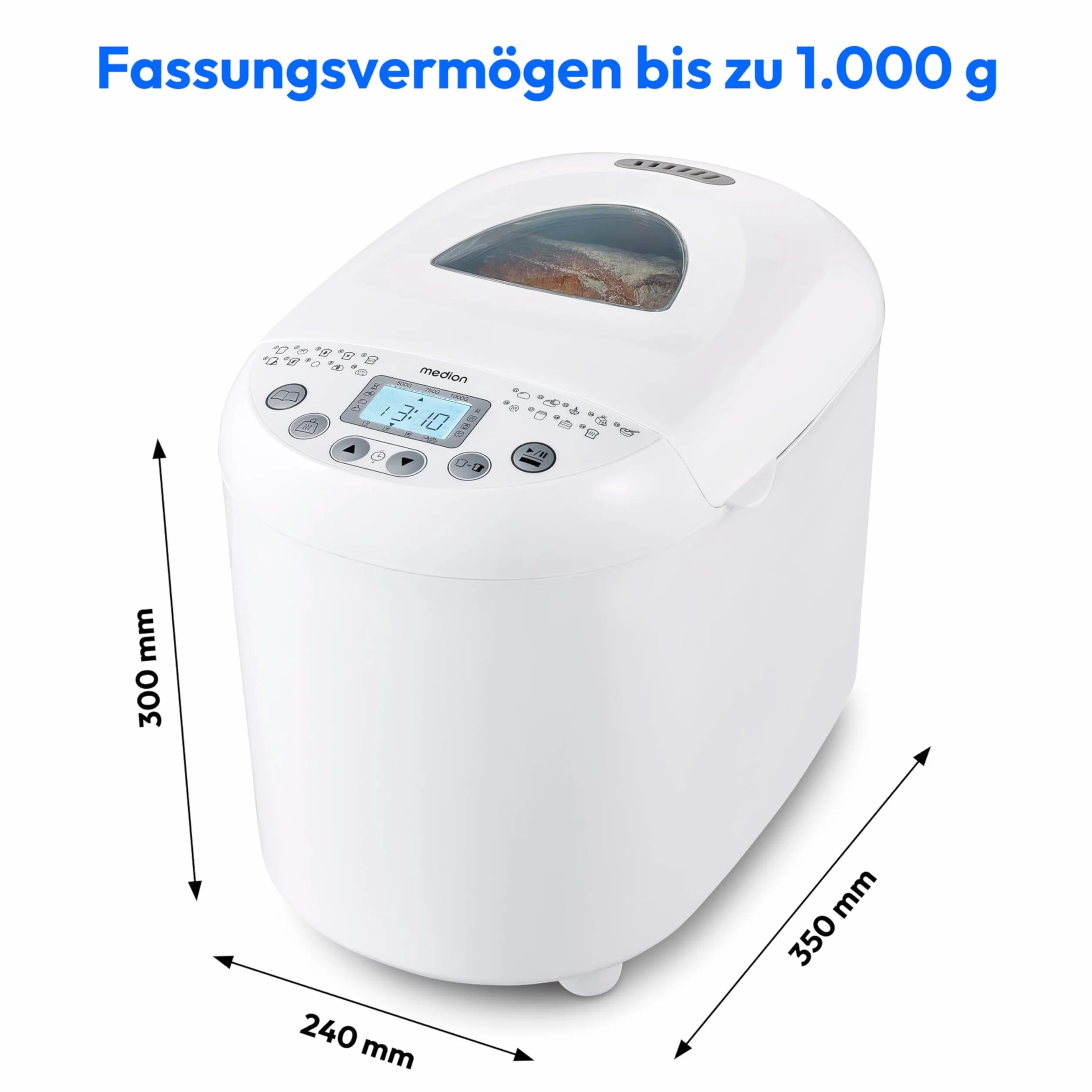 MEDION Brotbackautomat (Brotbackmaschine, 550 Watt, bis zu 1000g, 19 Backprogramme, 3 Bräunungsgrade, Warmhaltefunktion, Zeitvorwahl MD 11011)
