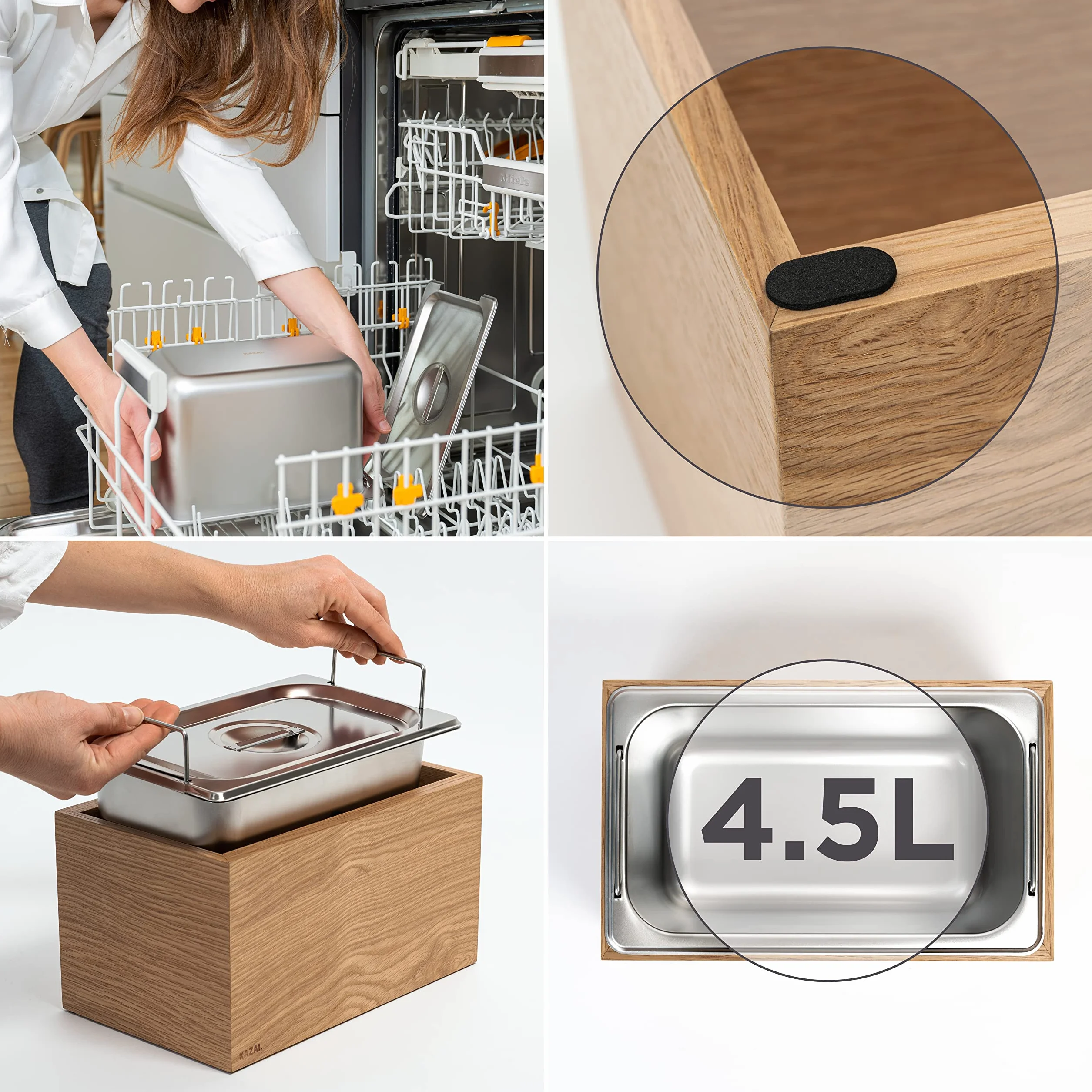 KAZAI. Design Bio-Mülleimer -Holma- | 4.5L, Spülmaschinenfest und aus Echtholz-Veneer | Küchen Komposteimer für Bio-Abfall | Eiche