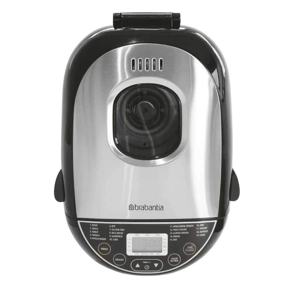 Brabantia Brotbackmaschine, Brotbacker, 19 Programme, 15 Stunden Verzögerungstimer, Warmhaltefunktion, 3 Bräunungsstufen, Geeignet für Diäten und Allergien, Edelstahl, BBEK1114