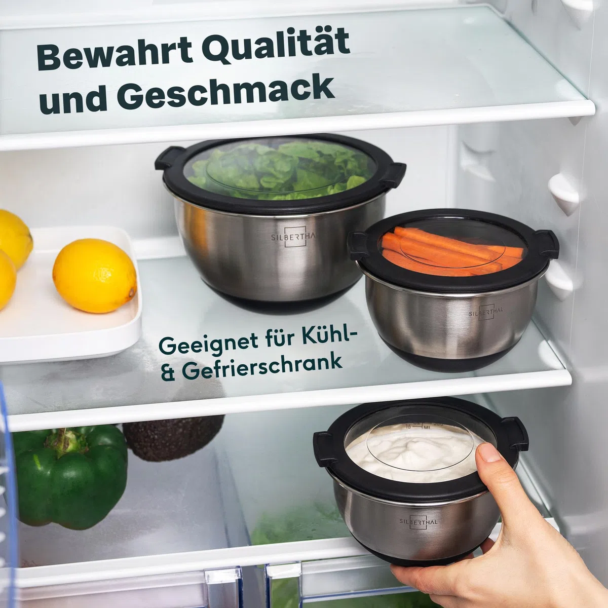 SILBERTHAL Edelstahl Schüssel 5er Set mit Deckel - Rührschüsseln zum Servieren, Kochen, Backen, Aufbewahren - Rutschfester Boden - 5 Stück
