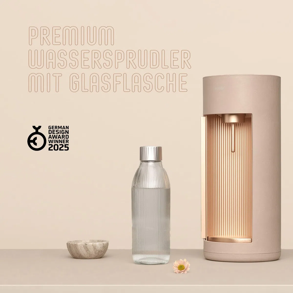 Mysoda: Glassy Wassersprudler aus Holzkomposit mit CO2-Zylinder und 1L Glasflasche & BPA-Frei 1L Plastikflasche - Latte