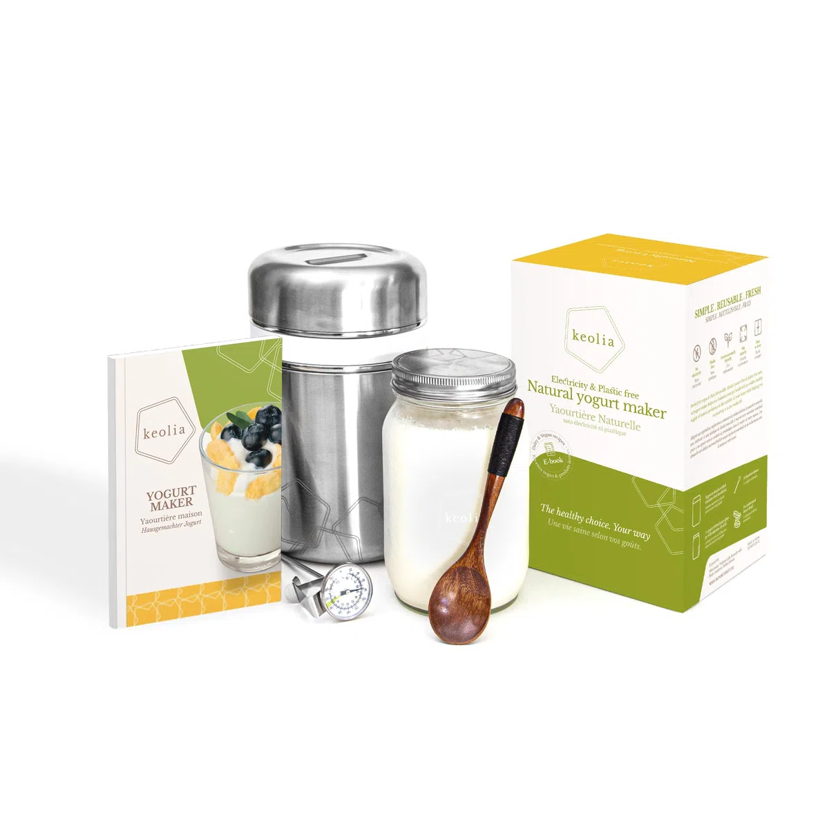 Joghurtbereiter ohne Strom, Joghurt Starter-Set aus Edelstahlbehälter, Einmachglas, Thermometer, Bambuslöffel + Book Rezeptbuch