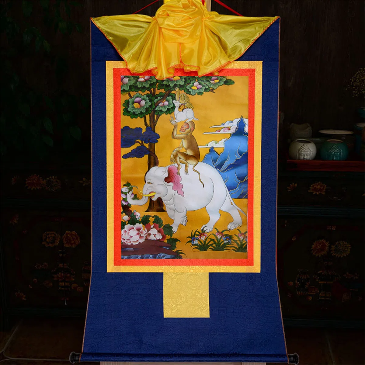 Gandhanra Thangka Tibetische Wandbehang,Vier harmonische Tiere Thangka,Heißgeprägter Buddha Wandteppich für Zen Wohnkultur, Meditation, Spirituelle Entspannung und Ruhe