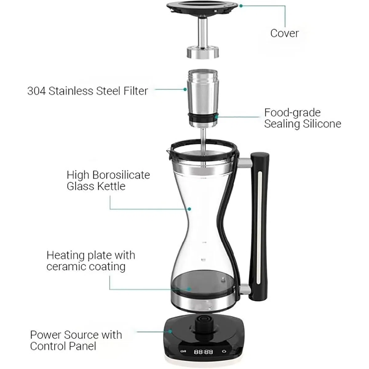 750-W-Glas-Siphon-Kaffeekanne, Elektrische Siphon-Kaffeemaschine, 240 Ml Fassungsvermögen, 3-stufig Einstellbar, Trockengehschutz, Smart Touch, Für Zuhause Und Büro