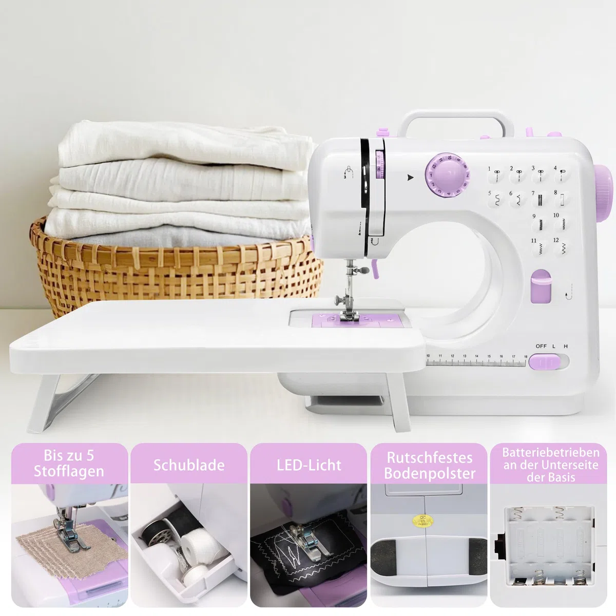 Nähmaschine mit Anschiebetisch, Mini-Nähmaschine, tragbare elektrische Nähmaschine, 12-Stiche-Nähmaschine mit LED-Licht, Nähzubehör-Set, ideal für Kleidung, Kissenbezüge, Bettlaken