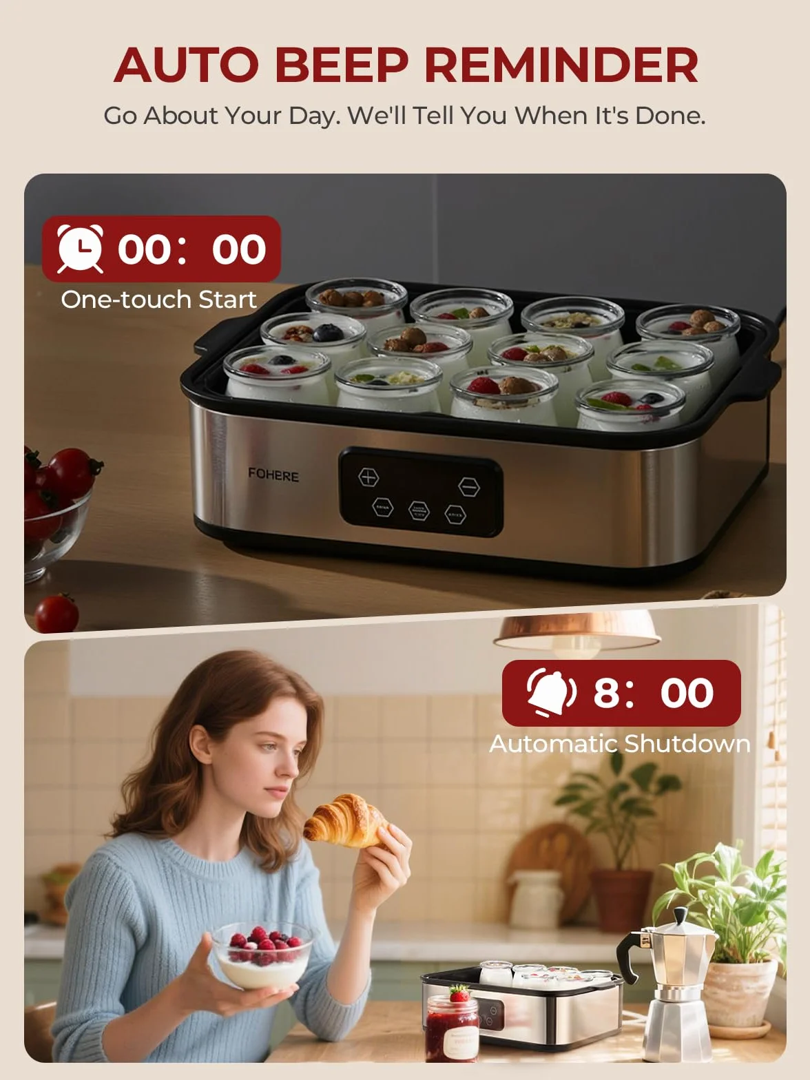 FOHERE Joghurtbereiter 25W inkl. 12 Glasbehälter à 180 ml für bis 2,16L Selbstgemachten Joghurt, Griechischer Joghurtmaschine mit Temperatur und Timer, LCD Display, Abschaltautomatik, BPA-frei