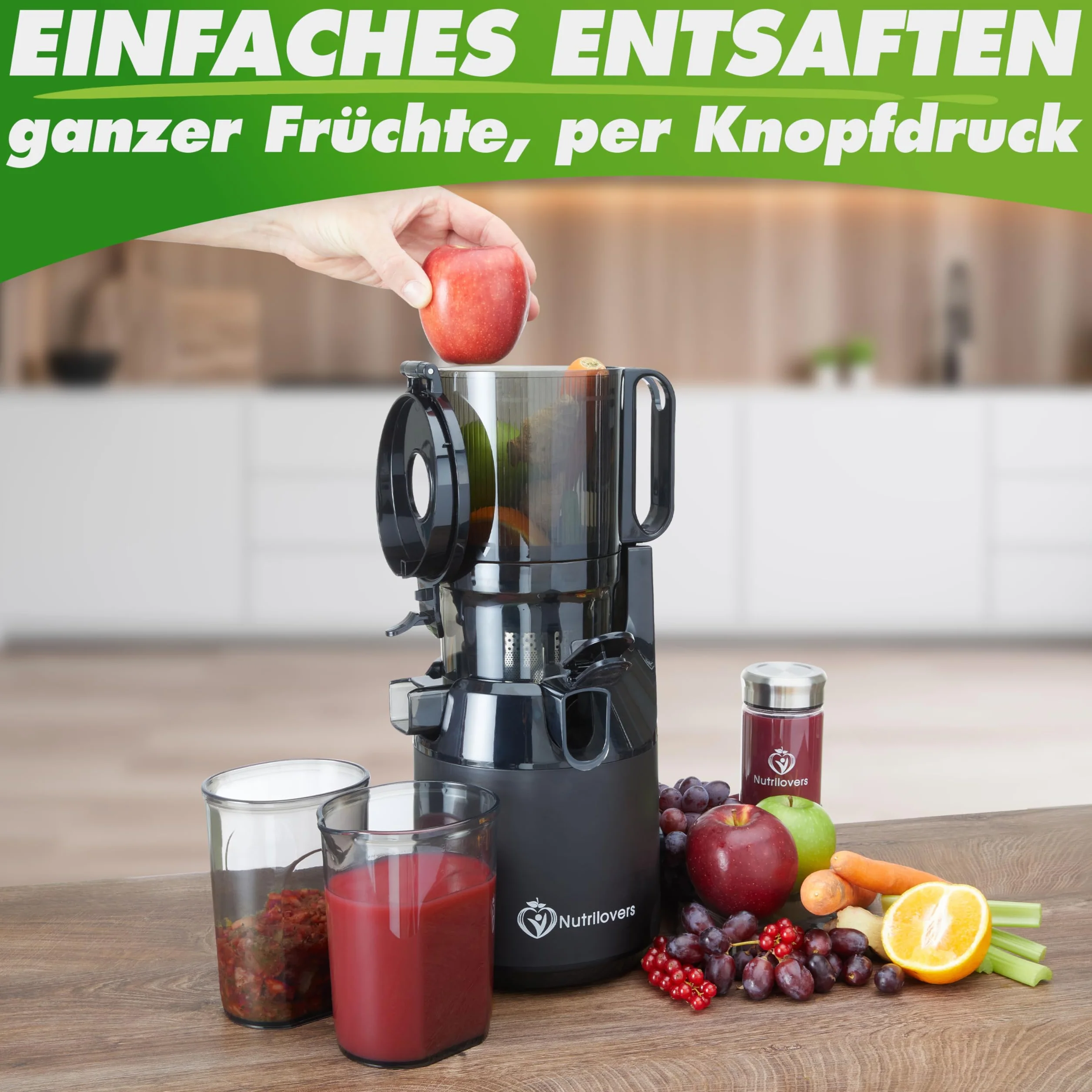 Nutrilovers Slow Juicer NUTRI-PRESS MAX Ganze Früchte entsaften Entsafter mit XXL 135 mm Öffnung, BPA-frei inkl. Saft-Flasche, Slow Juice Rezeptbuch