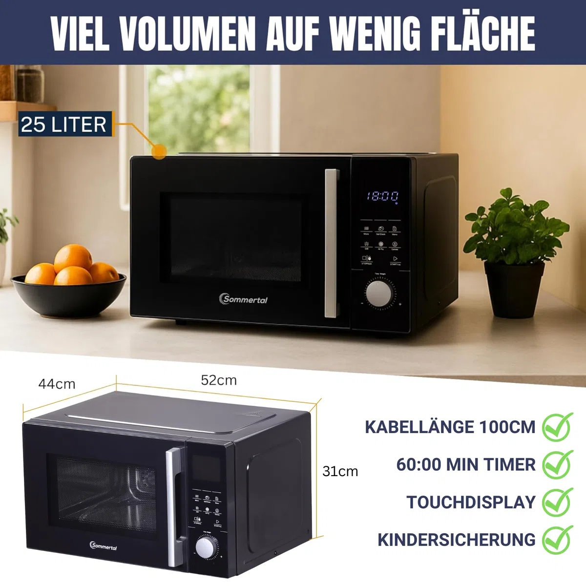 Sommertal 4in1 Mikrowelle 25L – Grill, Heißluft-Fritteuse, Konvektion, 2200W, 8 Programme, Touch-Display, 60 Min Timer, Schwarz, Kindersicherung, Express-Start – inkl. Rost & Crisp-Pfanne