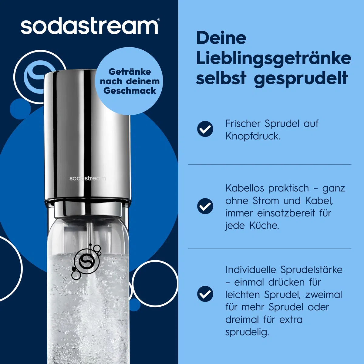 Sodastream ENSO Wassersprudler, Edelstahl Wassersprudler mit Quick Connect CO2-System, inkl. 1 CO2-Zylinder für bis zu 60L Sprudelwasser und 1 ENSO Sprudlerflasche, Sprudelwasser Maschine, Silber