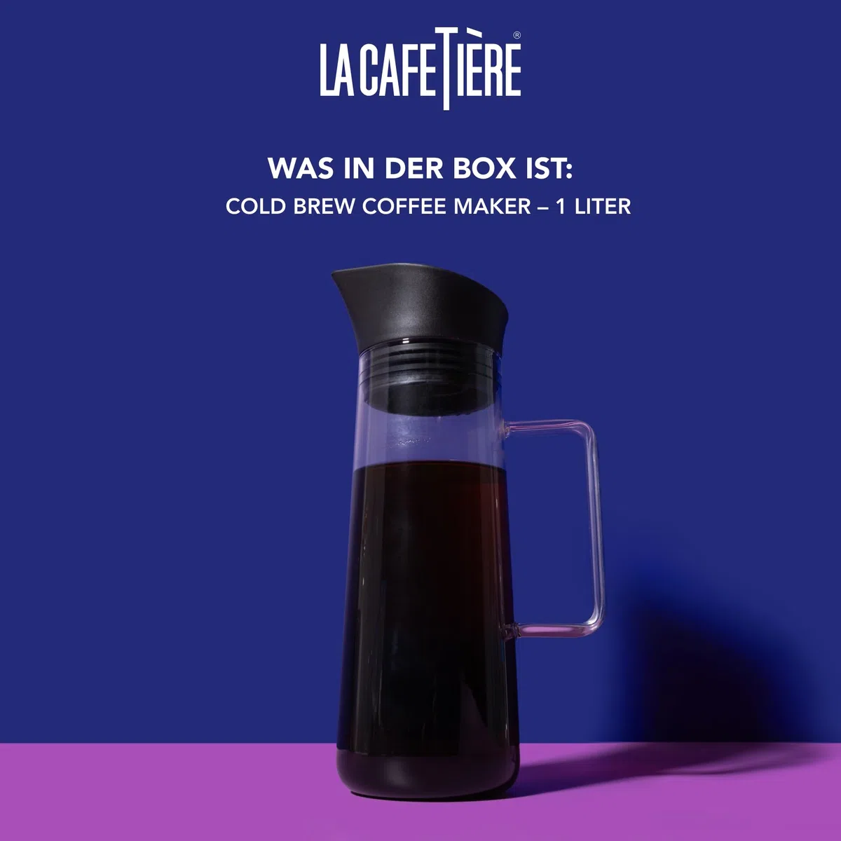La Cafetière Kaffeebereiter zum Kaltbrühen, mit Netzfilter, spülmaschinenfest, Krugdeckel mit Ausgießer, Getränkebehälter für hochwertigen Eiskaffee, Eistee, hausgemachte Fruchtgetränke, 1 l