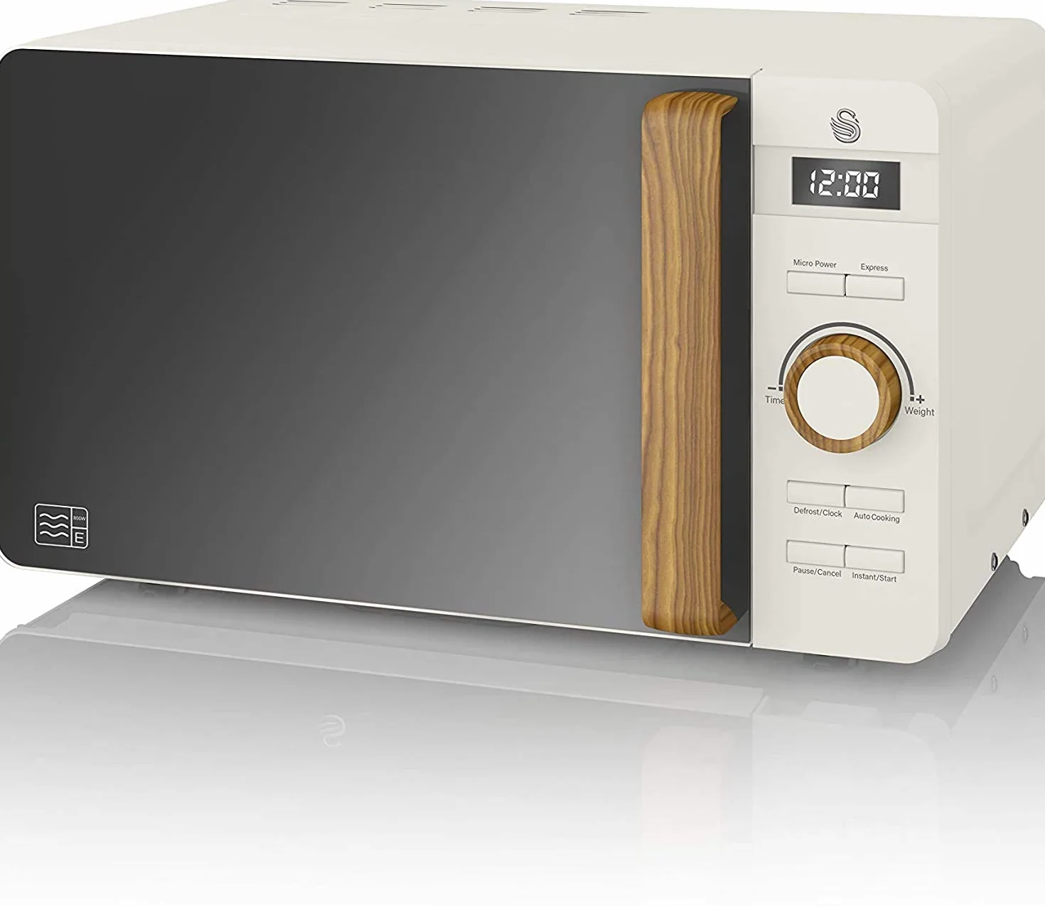 Swan Nordic 20 L digitaler Mikrowellenherd, 6 Leistungsstufen, 800 W Leistung, 30-Minuten-Timer, einfache Reinigung, Abtaumodus, modernes Design, Griff in Holzoptik, mattweiß